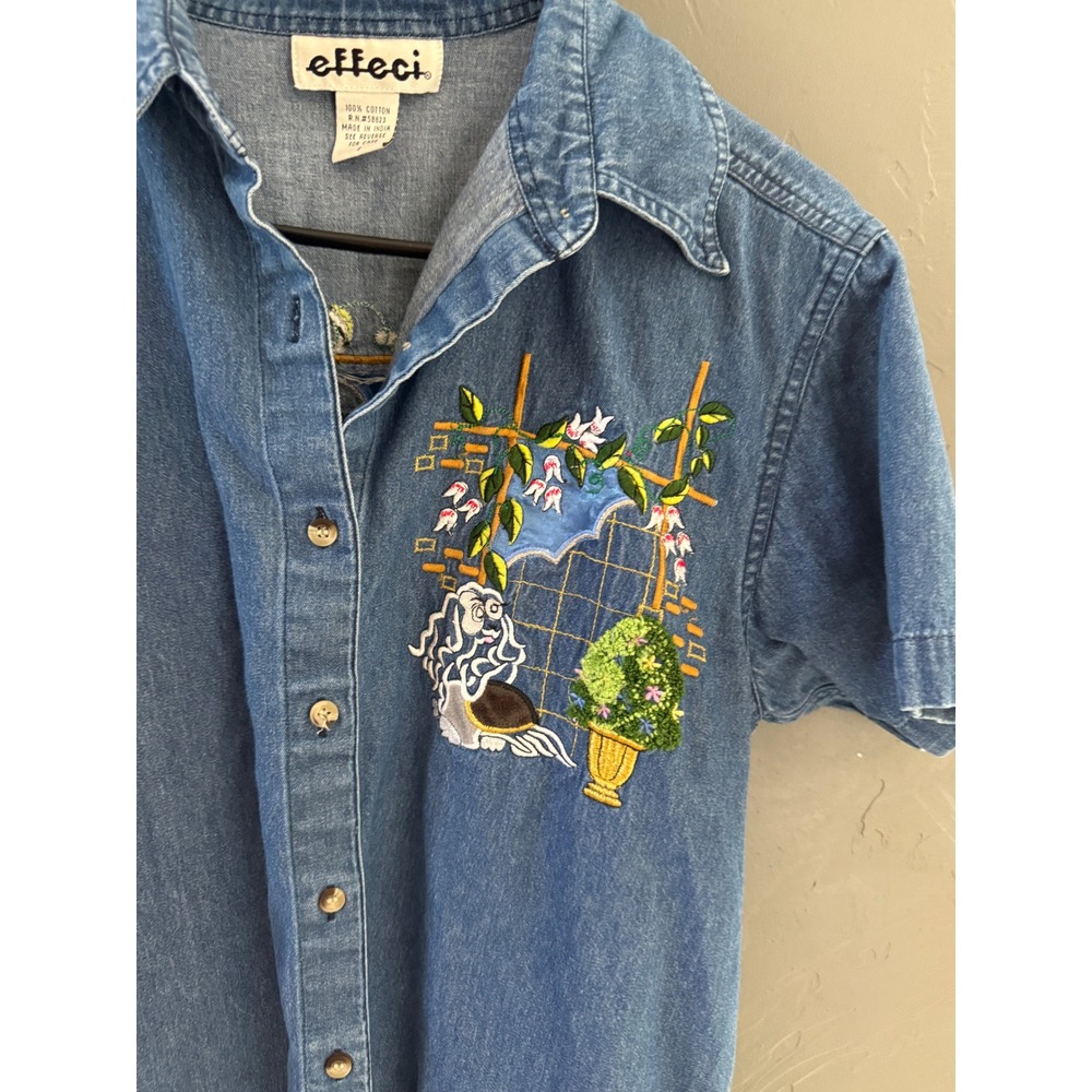 Effeci Vintage Sm Blue Denim Embroidered Garden Short Sleeve Button Down Shirt